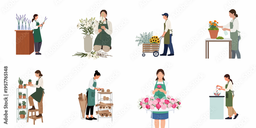 Fototapeta premium Set of various florists and garden workers in aprons arranging flowers and tending to plants, flat vector illustration isolated on white background.