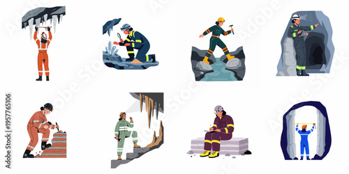 Collection of illustrations featuring female geologists, speleologists, and miners exploring caves, examining minerals, and performing scientific research in subterranean environments.
