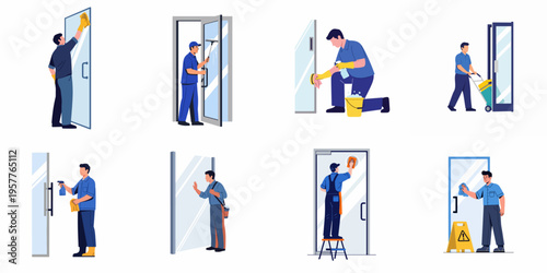 Set of illustrations showing professional male cleaners washing and wiping glass doors and windows using various tools and equipment.
