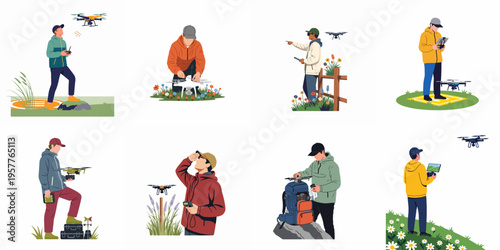 Set of flat vector illustrations of people operating quadcopter drones with remote controllers in various outdoor landscapes.