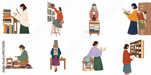 Collection of illustrations featuring women working in a library, archiving documents, and studying with stacks of books in a flat cartoon style.