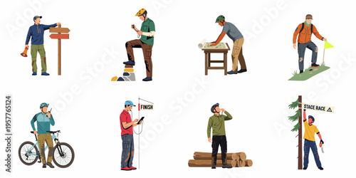 Set of Flat Vector Illustrations of Mountain Bike Race Organizers and Officials in Various Roles and Actions Isolated on White Background