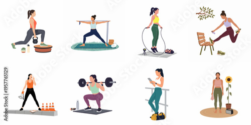 Set of eight flat vector illustrations showing diverse women performing various fitness exercises, sports training, and healthy lifestyle activities on a white background.