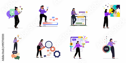 Collection of Flat Business Illustrations Representing Customer Service, Problem Solving, Strategic Planning, and Success in a Professional Environment