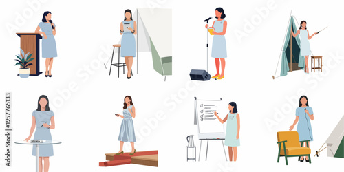 Set of flat vector illustrations of a professional woman in various public speaking and business presentation roles, including podium, stage, and workshop settings.