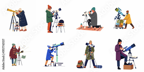 Set of flat illustrations showing people in winter gear using various telescopes for astronomy and stargazing activities.