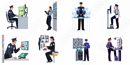 Set of illustrations depicting professional security personnel monitoring surveillance systems, CCTV cameras, and control rooms for safety and protection.