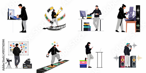 Diverse set of illustrations showcasing media production professionals engaged in video editing, sound design, podcasting, and creative workflow management tasks.