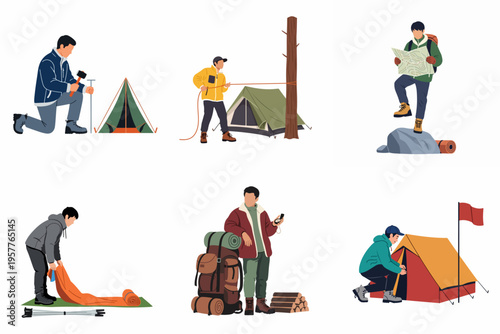 Flat Vector Illustration Set Featuring Men Engaging in Outdoor Camping Activities Including Pitching Tents, Reading Maps, and Preparing Hiking Gear for Adventures