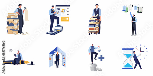 Comprehensive set of professional illustrations showing an accountant or tax specialist handling financial records, audits, legal documents, and time-sensitive tax filings.