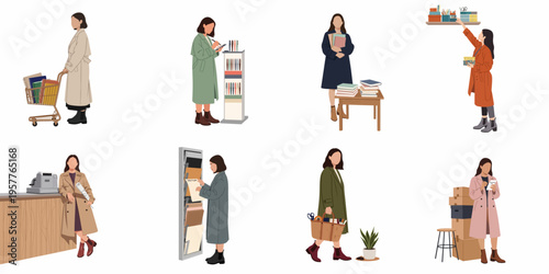 Set of flat minimalist illustrations featuring women shopping for stationery, notebooks, and office supplies in various retail and organizing scenarios.
