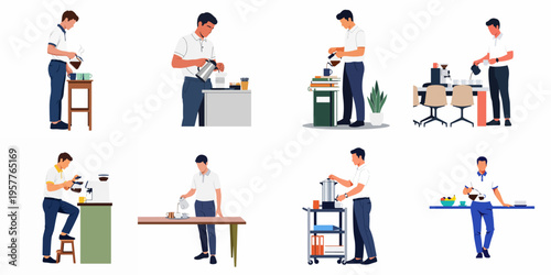 Collection of flat vector illustrations showing a young man preparing, pouring, and serving coffee in various office and home settings.