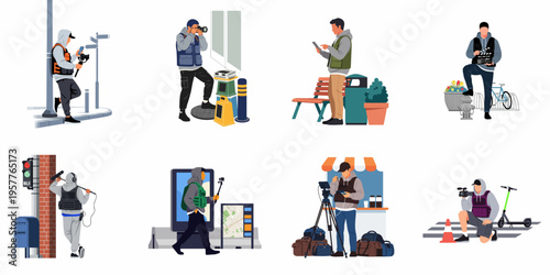 A collection of flat design illustrations featuring diverse filmmakers, photographers, and content creators using professional equipment in various urban street environments.