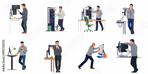 Set of illustrations featuring a male software developer or programmer in various work scenarios, coding, thinking, and interacting with computer equipment.