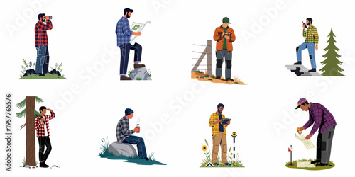 Set of Eight Illustrations of Men Engaged in Outdoor Activities Like Hiking Mapping and Observing Nature in Casual Gear