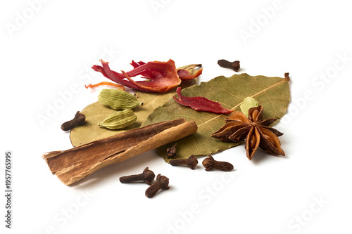 Принти на полотні collection of whole spices isolated white background, aromatic cinnamon star ani