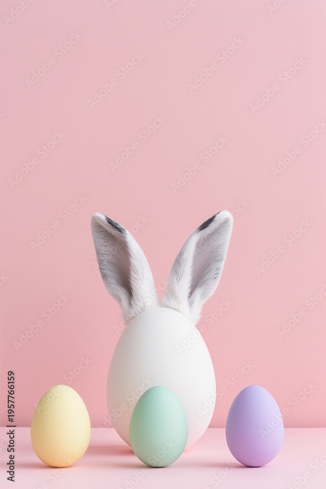 Fototapeta premium Soft pink Easter background with bunny ears and eggs, modern minimal style