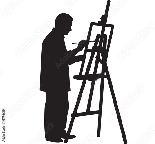 Artist painting on easel in creative silhouette style with stark black and graphic for art education and design projects. Transparent Background