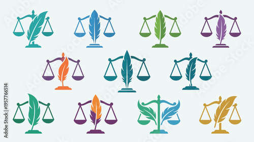 Collection of stylized scales of justice icons with feathers in various colors, representing law and balance.