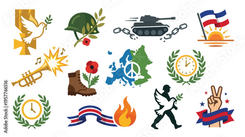 Collection of symbols representing peace, war, remembrance, and victory, including doves, poppies, military items, and flags.