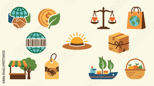 Collection of icons representing sustainability, global trade, ethical business practices, and environmental consciousness.