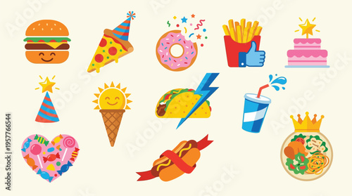A vibrant collection of cartoon-style fast food and celebratory treats, including a burger, pizza, donut, fries, cake, ice cream, taco, hot dog, and candy.