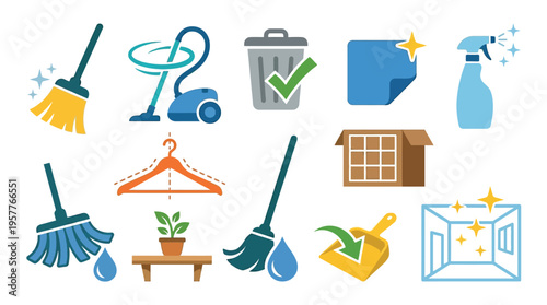A collection of cleaning supplies and tools, including brooms, mops, a vacuum cleaner, a dustpan, a trash can, and cleaning sprays, presented in a colorful illustration.