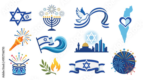 Collection of Israeli cultural and national symbols, including the Star of David, menorah, Israeli flag, dove, and fireworks.