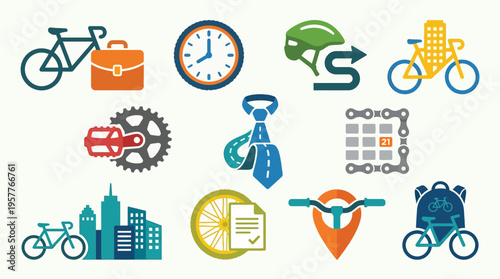 Collection of icons representing cycling as a mode of transportation and lifestyle in an urban environment.