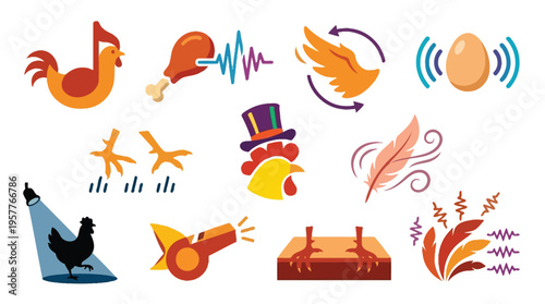 A collection of whimsical chicken-themed icons representing various concepts like music, sound, movement, and performance.