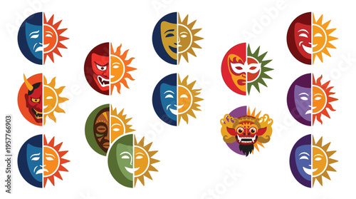 Collection of Split Icons Featuring Masks, Faces, and Sun Symbols Representing Diverse Emotions and Characters.