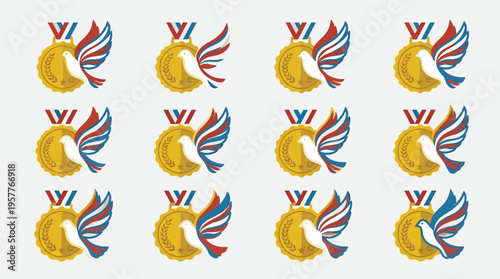 A collection of twelve golden medals with red, white, and blue ribbon and a dove with wings in the same colors.