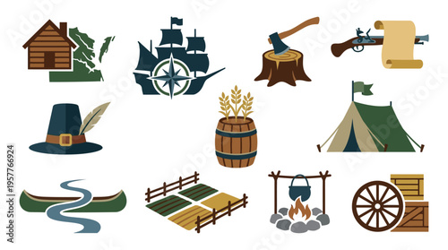 Collection of historical icons representing early American settlement, including a log cabin, sailing ship, axe, musket, pilgrim hat, wheat barrel, tent, canoe, farmland, campfire, and wagon wheel.