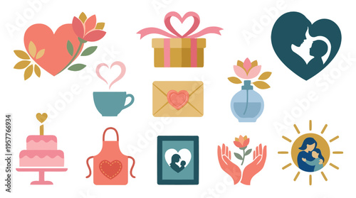 A collection of charming illustrations celebrating motherhood and family love, featuring hearts, gifts, and tender moments.