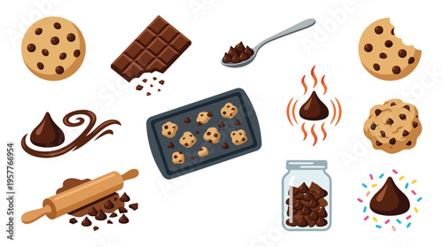 A collection of chocolate-themed illustrations, including cookies, chocolate bars, baking ingredients, and baking tools.