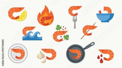 A collection of flat design icons representing shrimp in various culinary preparations and contexts, including cooking, serving, and raw ingredients.