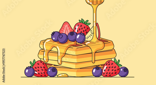 Pancakes with Fresh Berries, Kiwi and Honey Drizzle - Sweet Breakfast Illustration