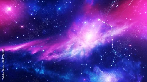 Cosmic illustration of a vibrant nebula and stars with constellation lines