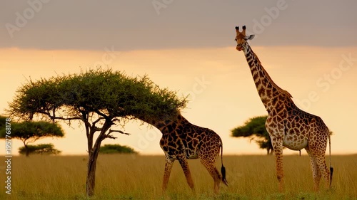 Two giraffes in a golden savanna, one eating leaves, the other standing tall. Sunset sky