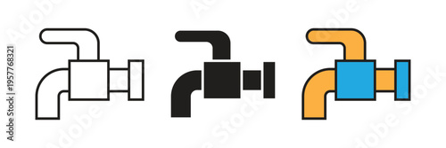 Plumbing valve icon set in three styles, representing water flow control or irrigation systems for construction and home maintenance projects.