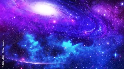 A cosmic scene with a bright galaxy, swirling nebula, and stars in vibrant blue and purple