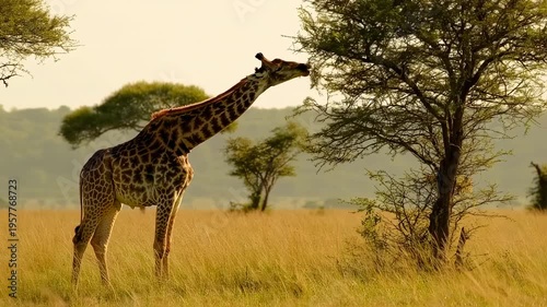 A giraffe, reaching to eat leaves from a tree, stands in a grassy savanna at dawn