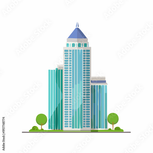 Modern city skyscraper buildings with trees in cartoon style.