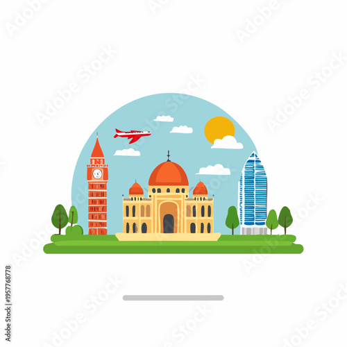 Cartoon illustration of iconic buildings, landmarks, plane, sun, and trees.