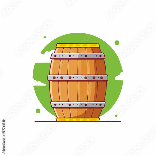Wooden Barrel Illustration, Cartoon Style, With Green Background