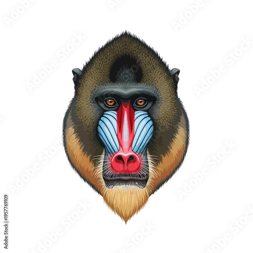 Intense Gaze of a Mandrill Face Illustration, Featuring Vivid Blue and Red Hues, Detailed Primate Portrait of Wild African Wildlife
