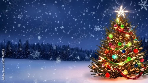A decorated Christmas tree in a snowy winter landscape with falling snowflakes