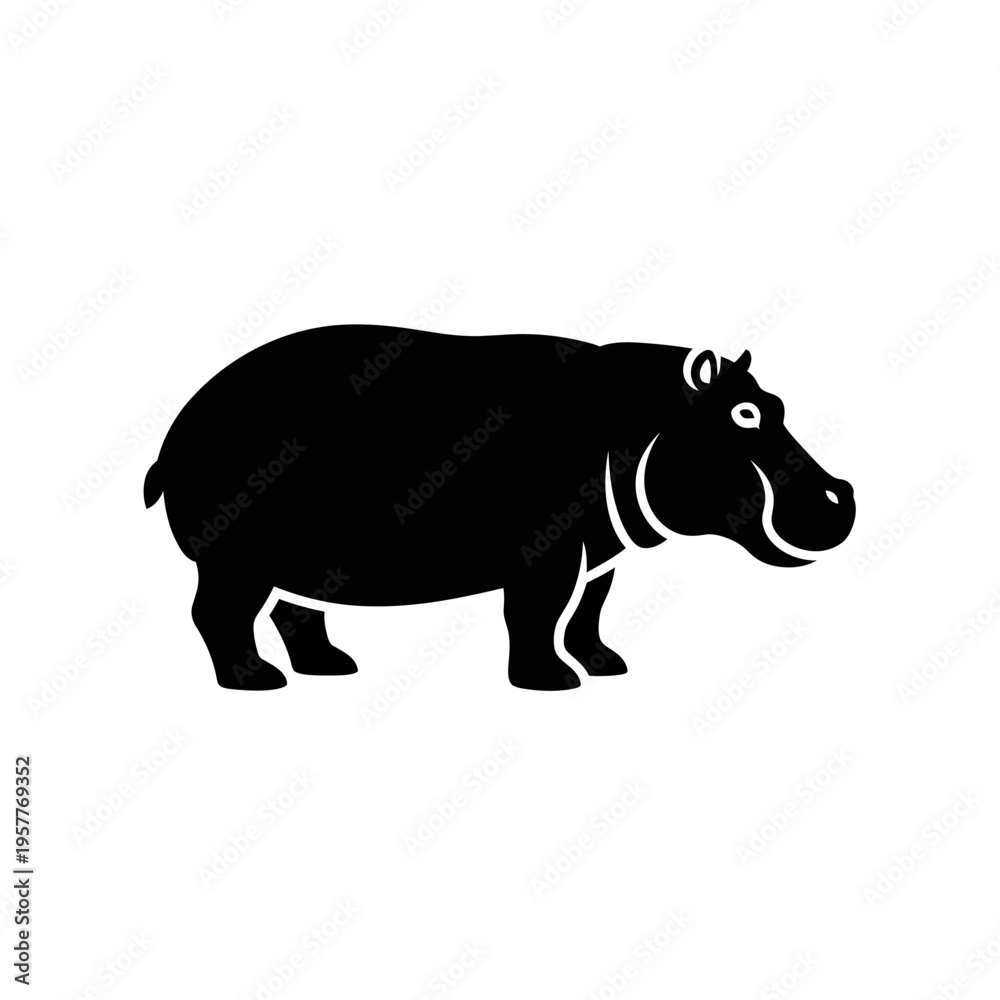 Obraz premium A Black Silhouette Icon of a Hippopotamus Standing on a White Background, Vector Art