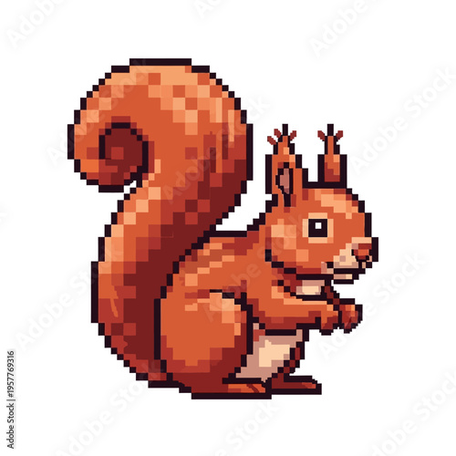 A dynamically rendered pixel art squirrel, featuring a lively orange-brown fur and a prominent bushy tail, captured with a bold and charming retro 8-bit artistic aesthetic