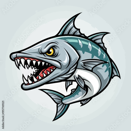 Fierce Barracuda Fish Illustration with Sharp Teeth and Aggressive Gaze, Designed for Aquatic and Wildlife Themes